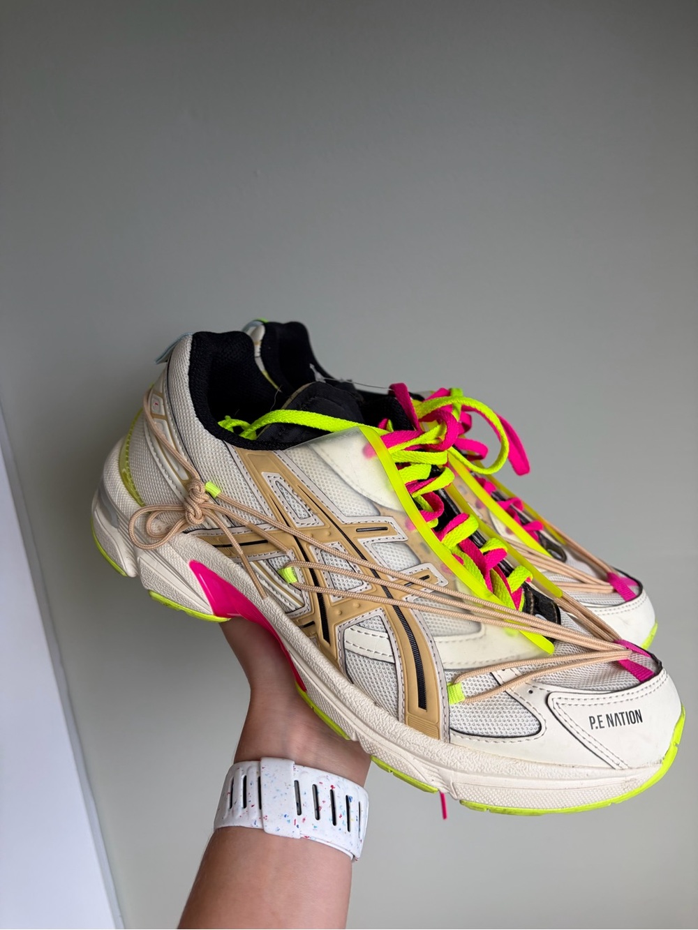ASICS x P.E Nation Cream Sneaker with Neon Pink & Neon Yellow Accents